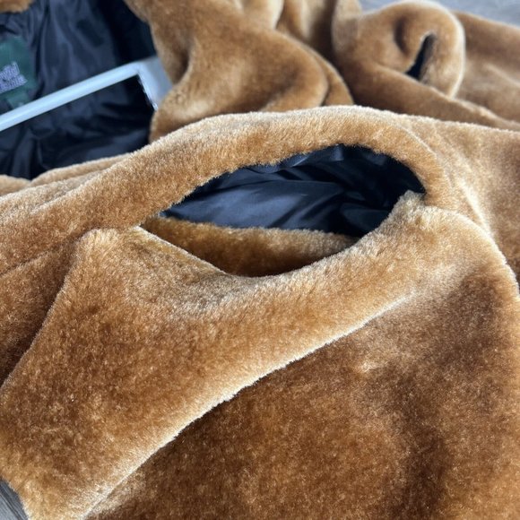 Wild Fable Fuzzy Coat Womans M Carmel Cognac Double Breasted Seam Pockets Lined - Picture 7 of 12